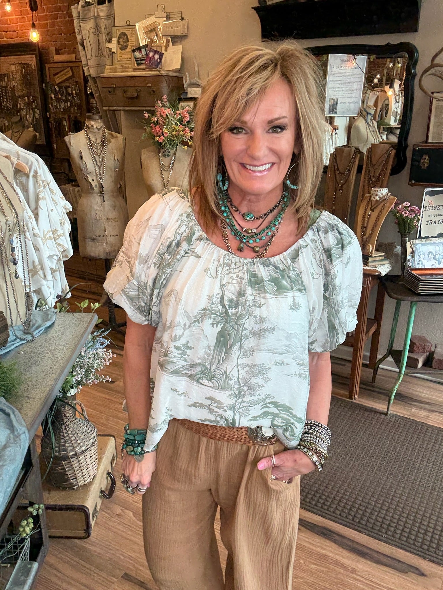 Boho olive green women's blouse