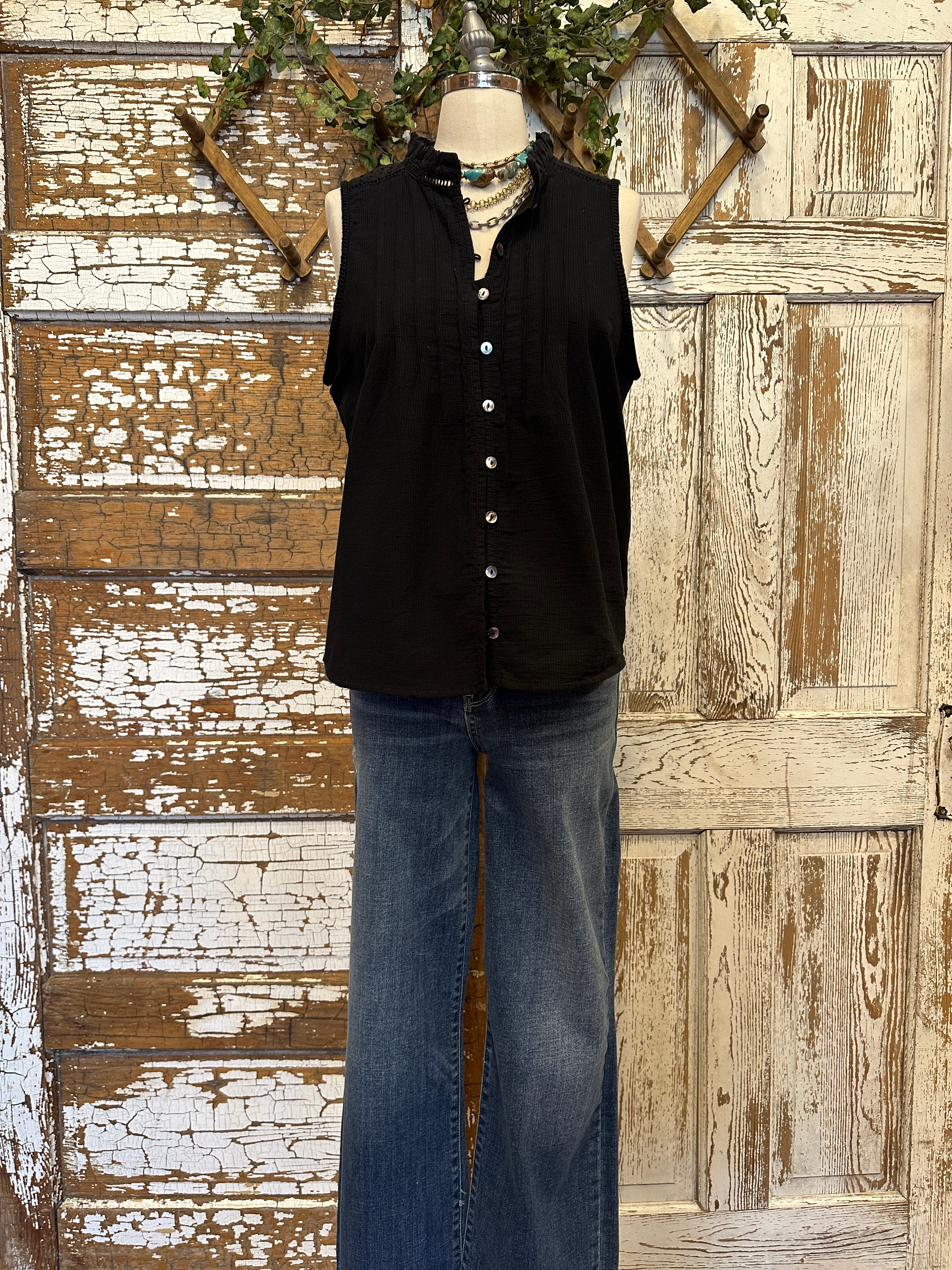 Mannequin wearing a Black Eyelet & Ruffle Tank: Small - XL with handmade jewelry in Springfield, Mo boutique