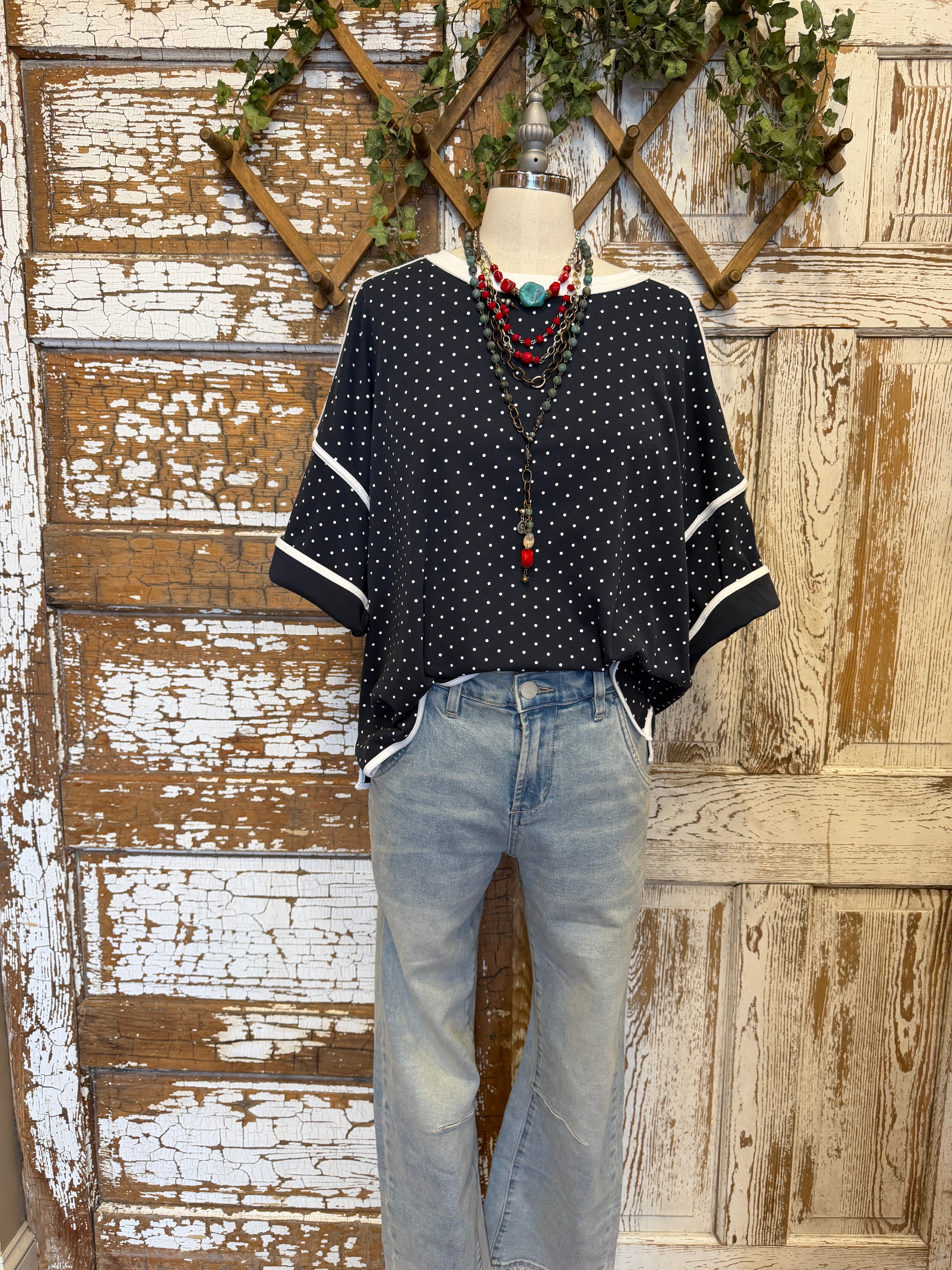 Navy Polka Dot Contrast Trim Top – Artistic Works By Lu