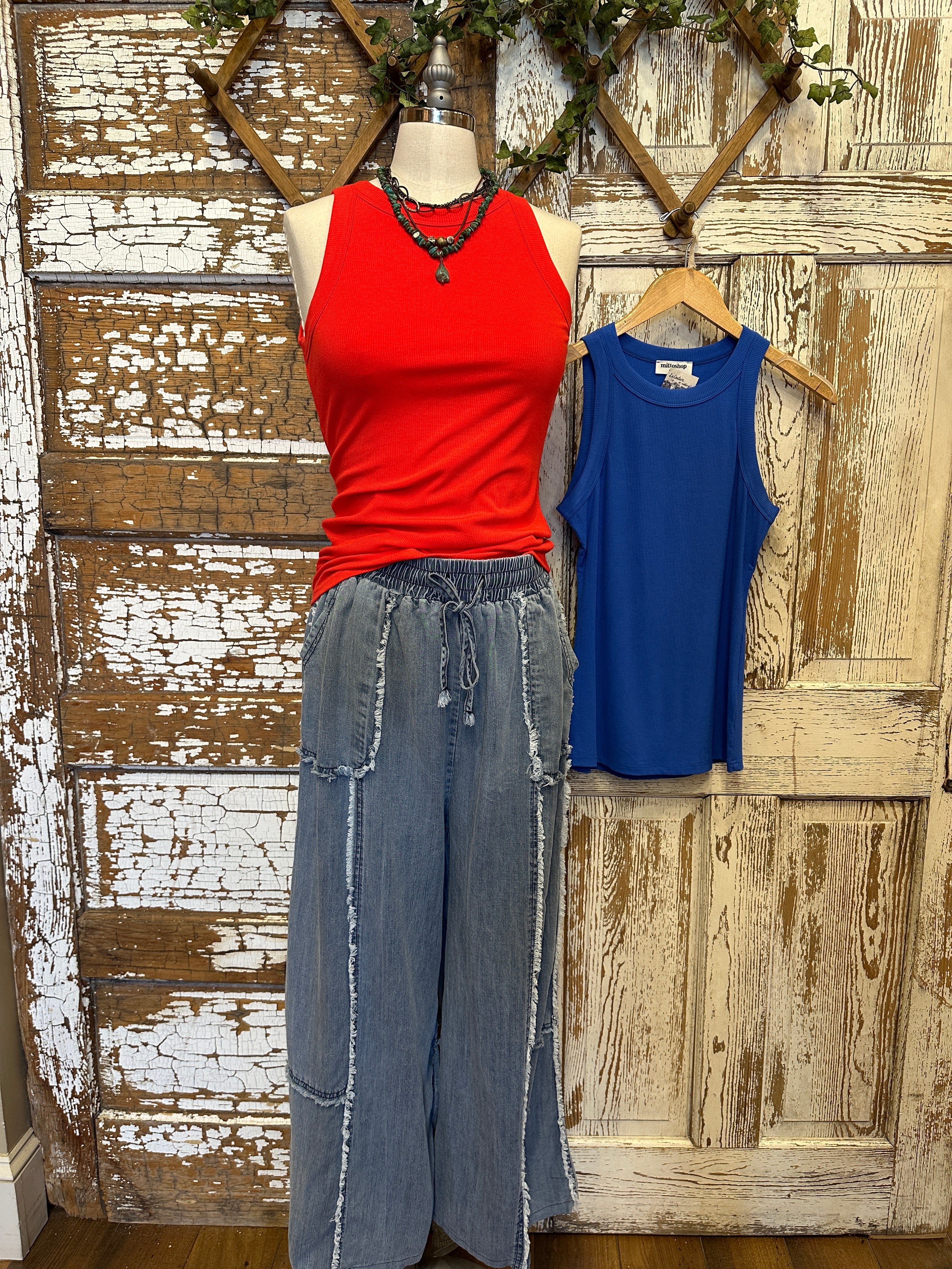 High Neck Micro Ribbed Tank in Red or Blue