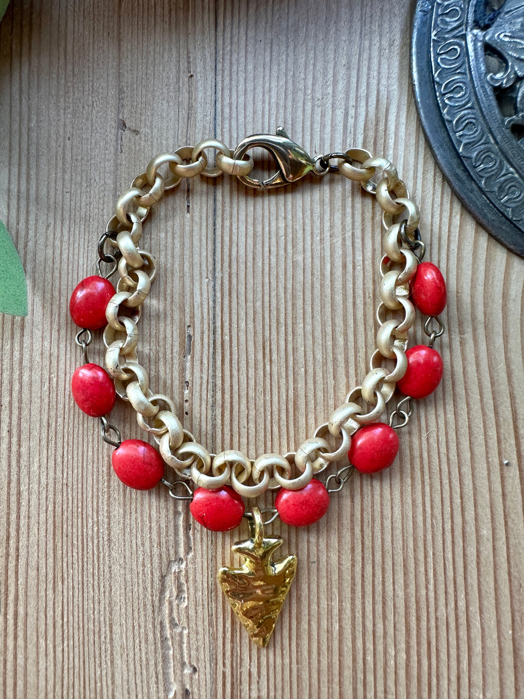 Red & Matte Gold Arrowhead Bracelet