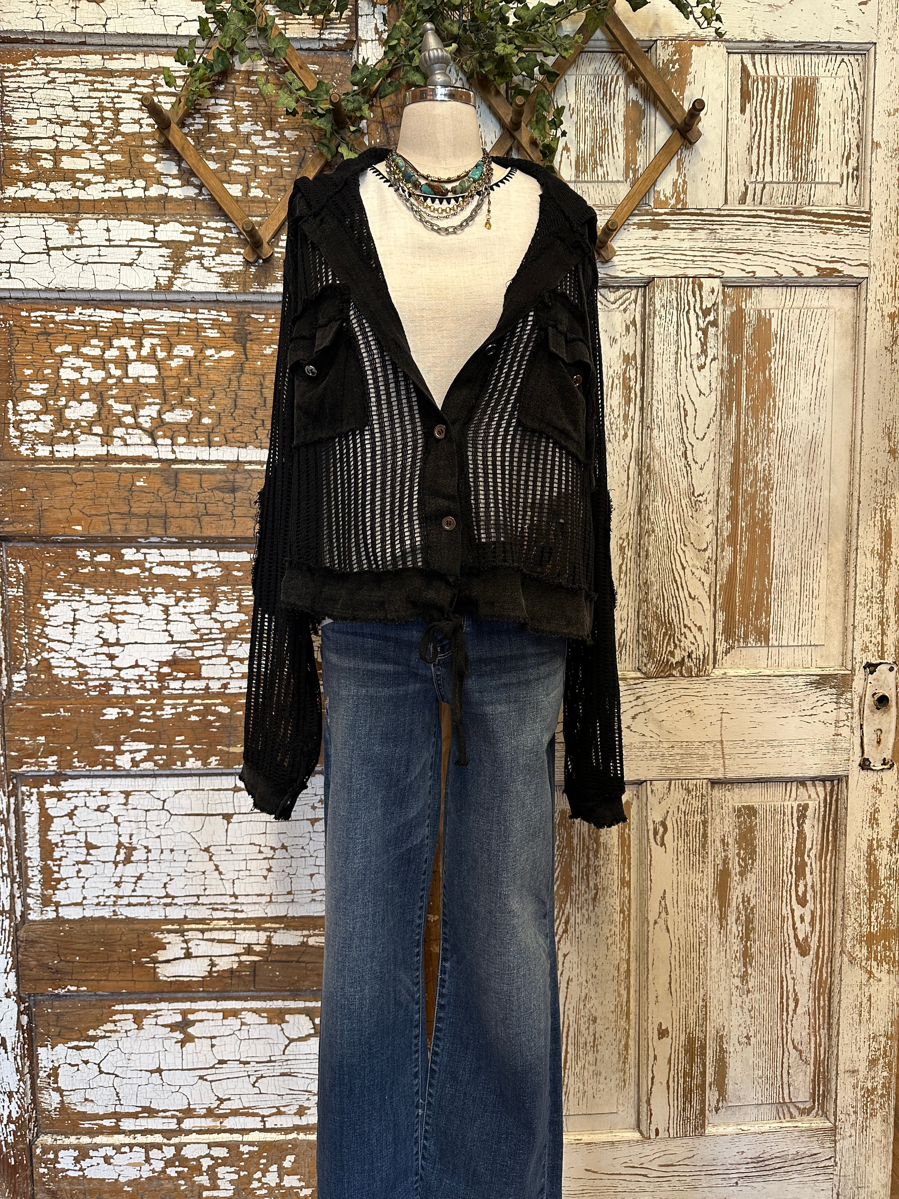 Mannequin wearing a Midnight Black Mesh Utiltiy Shacket with handmade jewelry in Springfield, Mo boutique