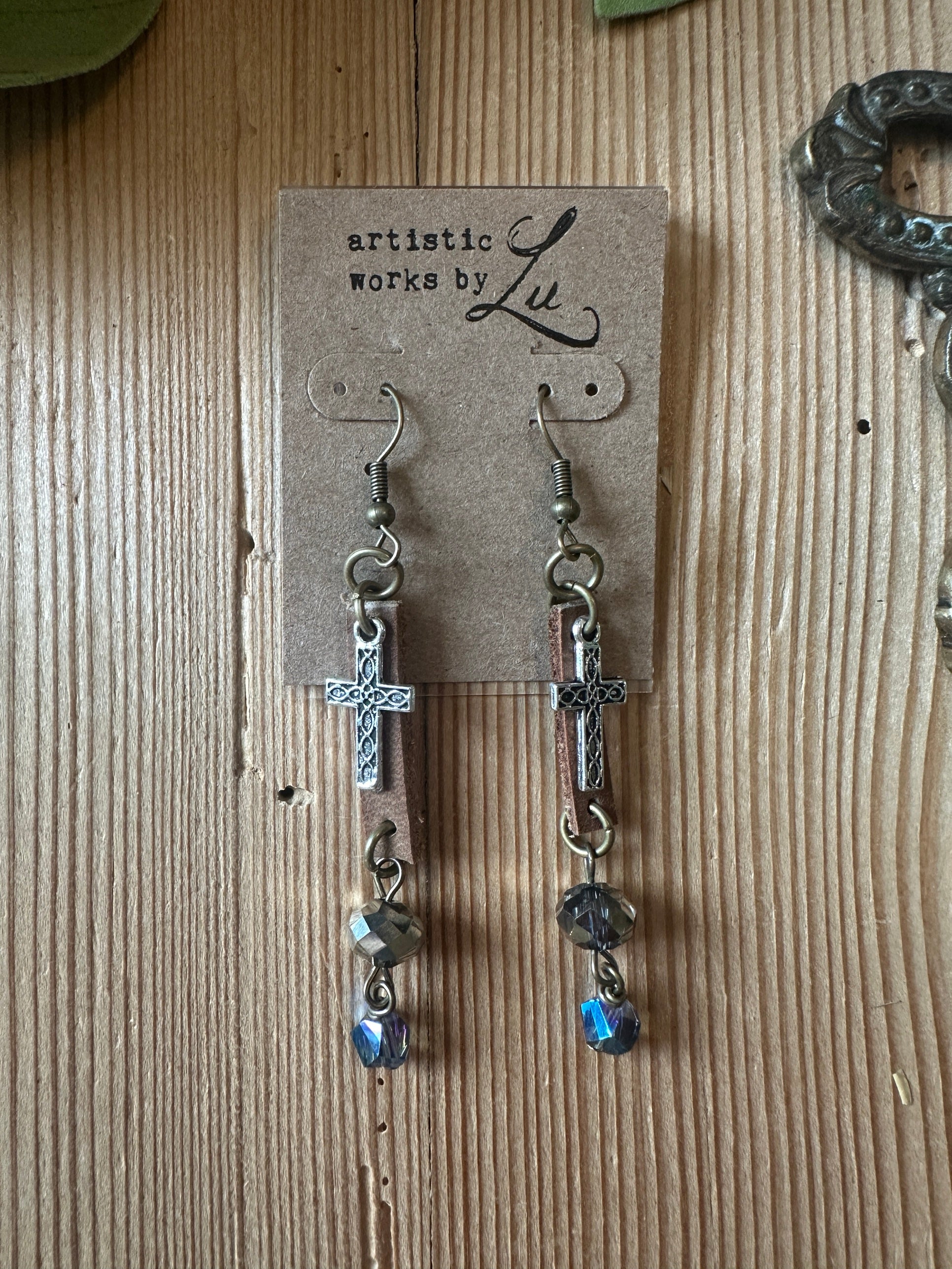Silver cross charm earrings with leather strip and crystal beads
