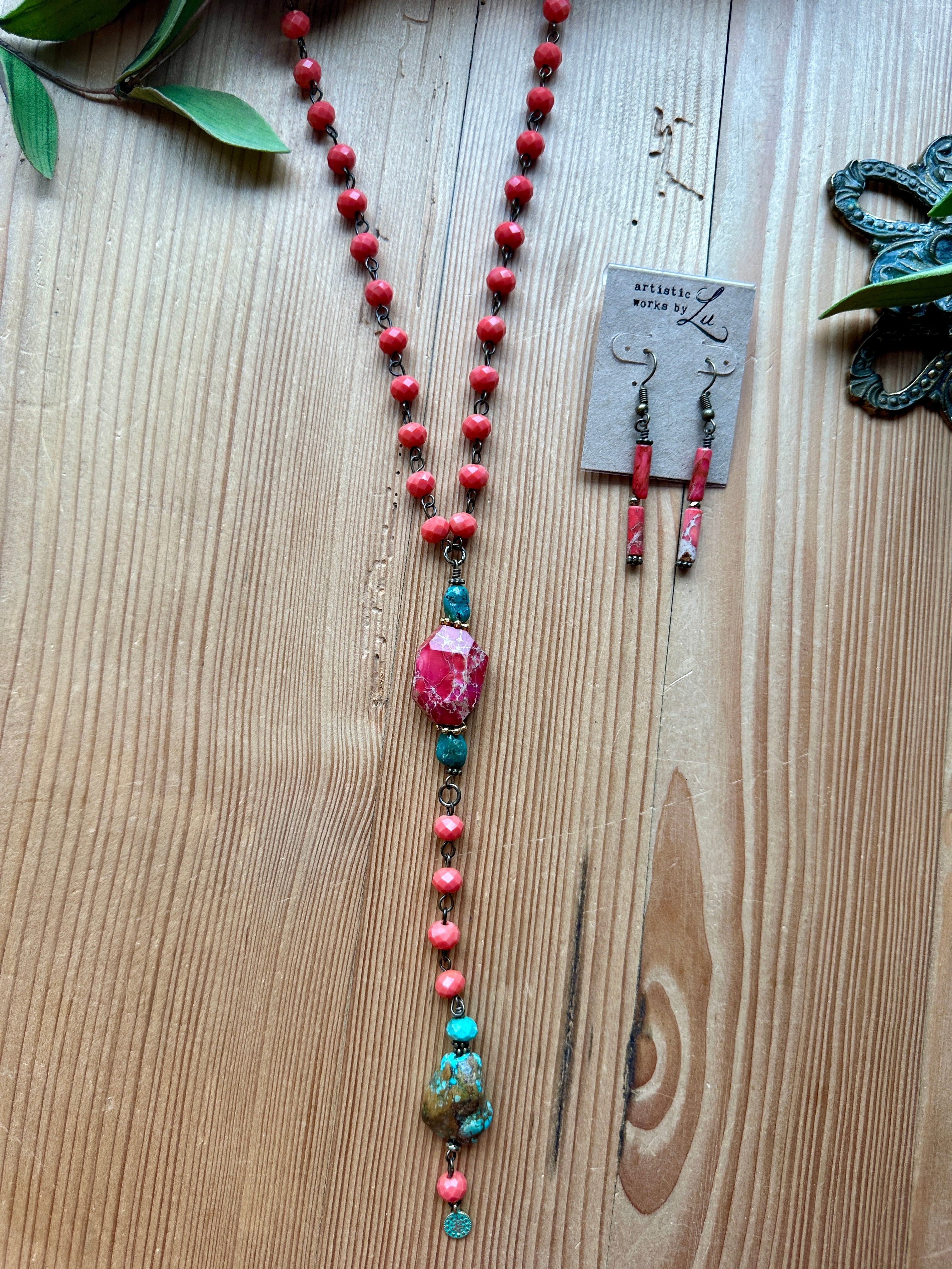 Pink and turquoise long necklace