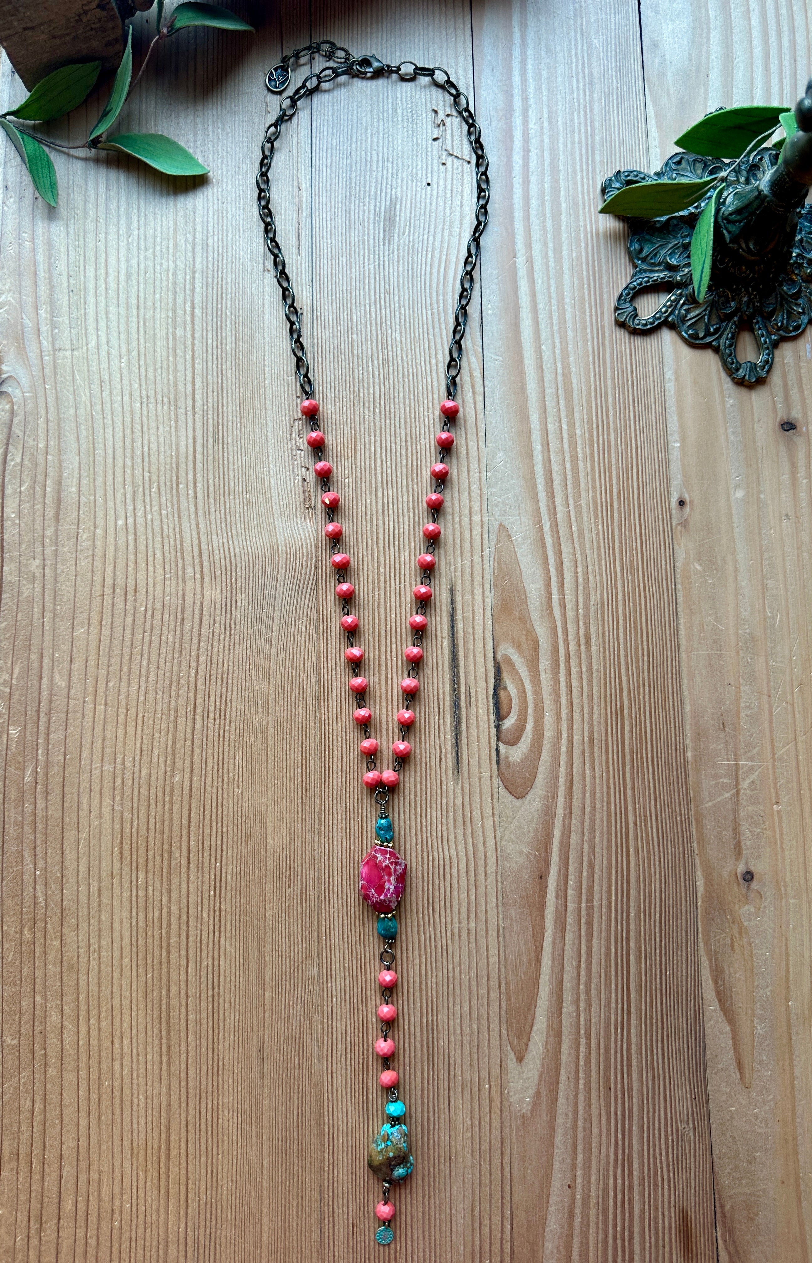 Pink and turquoise long necklace