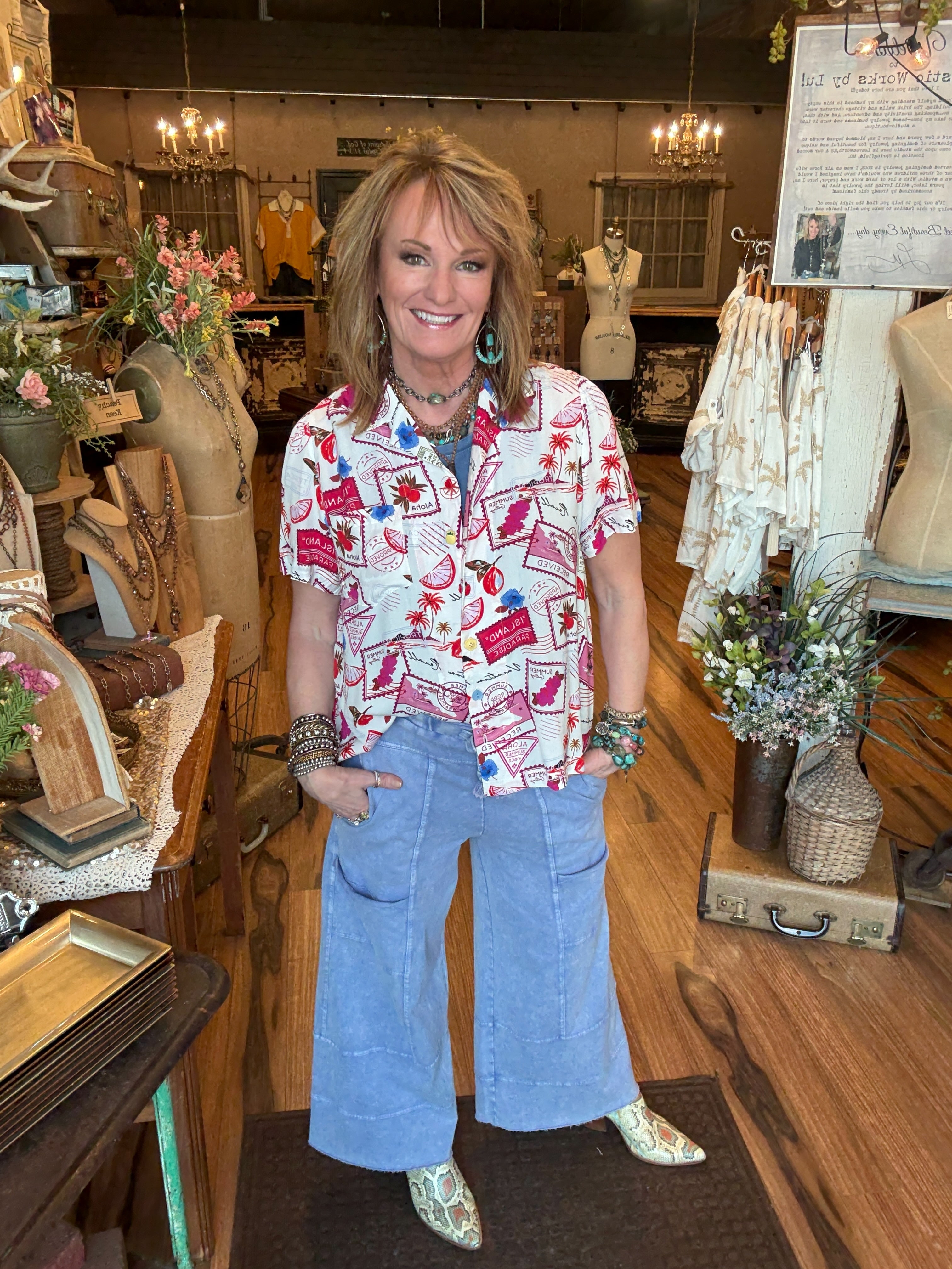 Lu wearing leisure pants - comfortable loungewear and leisurewear for women with handmade jewelry and camp button up in Springfield MO boutique 