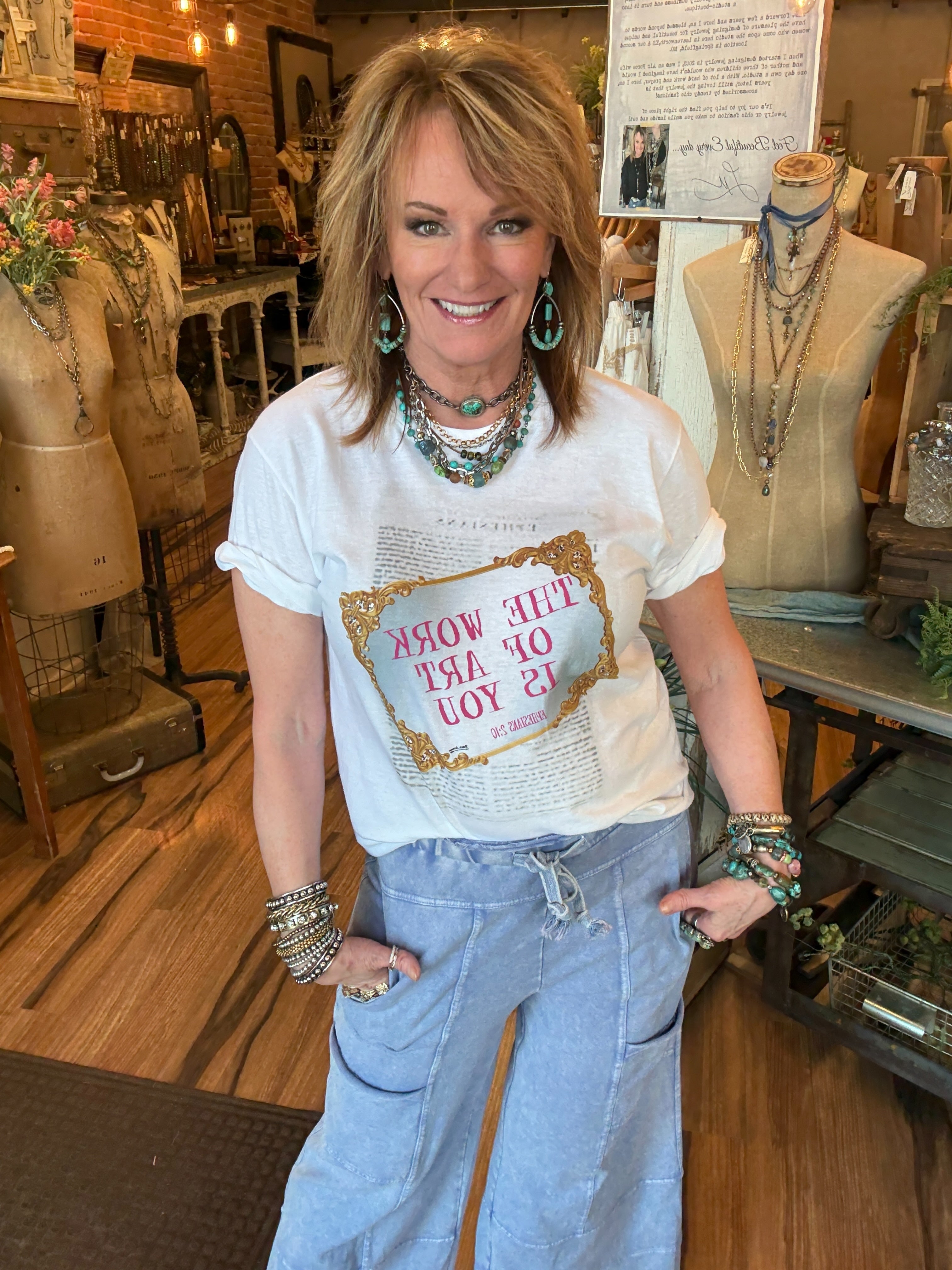 Lu wearing leisure pants - comfortable loungewear and leisurewear for women with handmade jewelry and graphic tee in Springfield MO boutique 