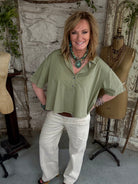 Half button sage green women's blouse