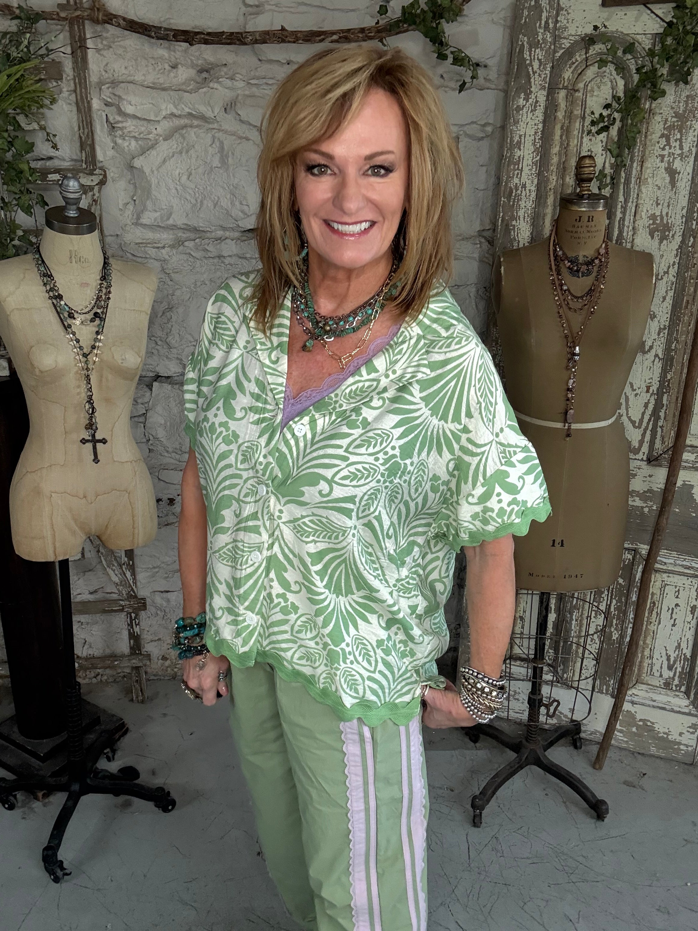 Green Button-Up Women's Floral Shirt
