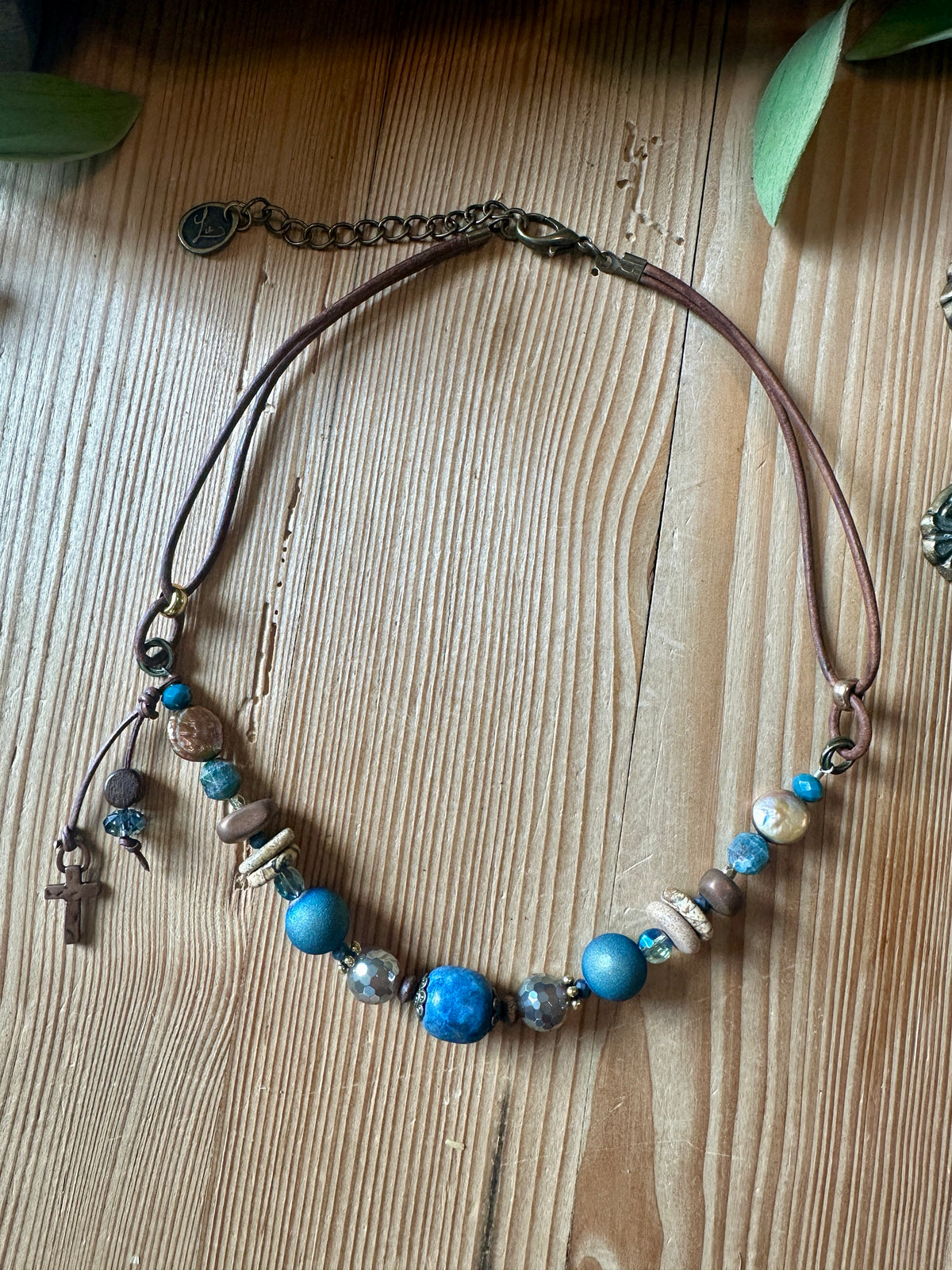 Wanderer's Faith Necklace - leather cord with blue and copper beads and cross charm