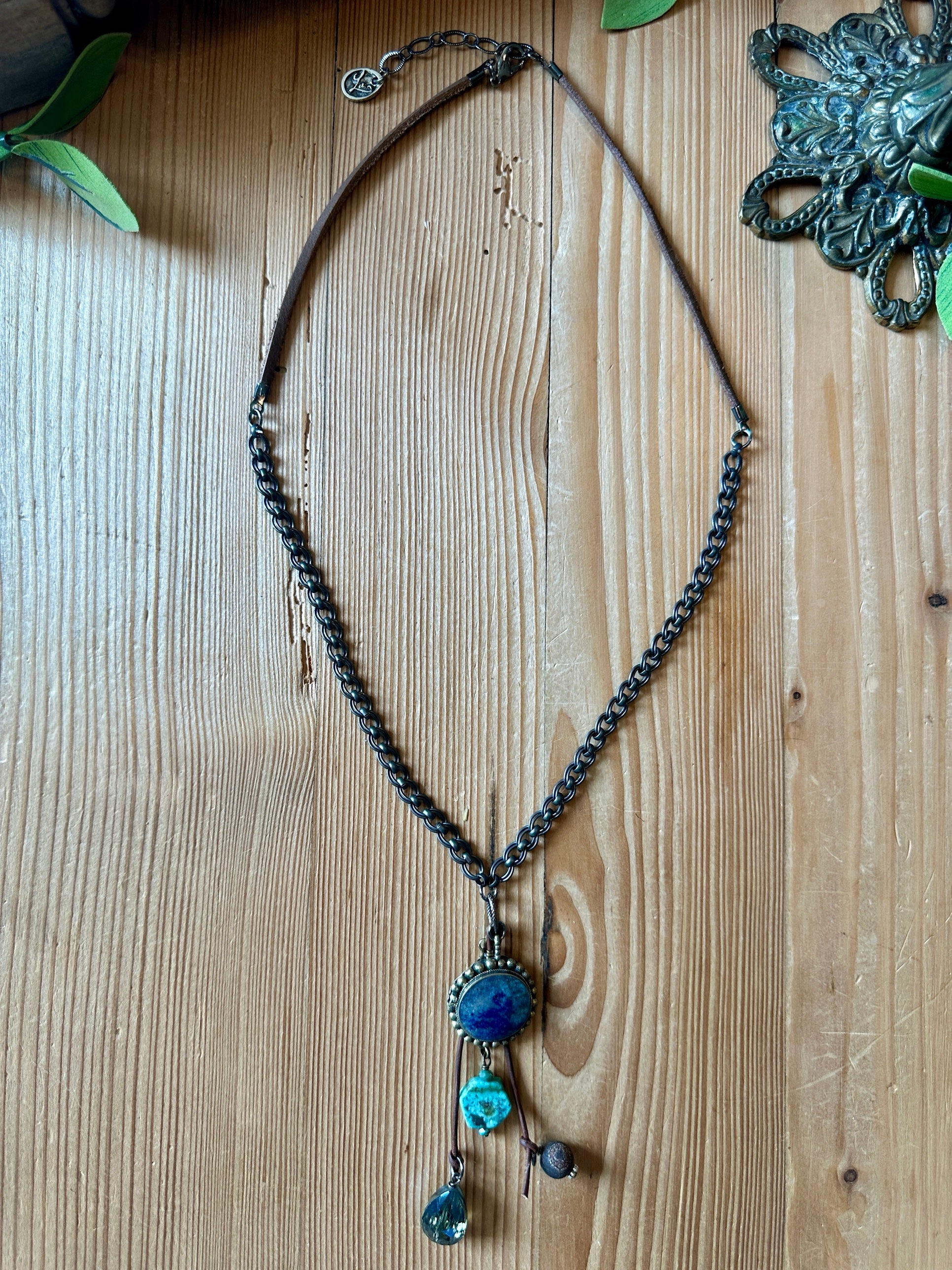 Lapis lazuli pendant necklace with turquoise and smoky quartz fringe