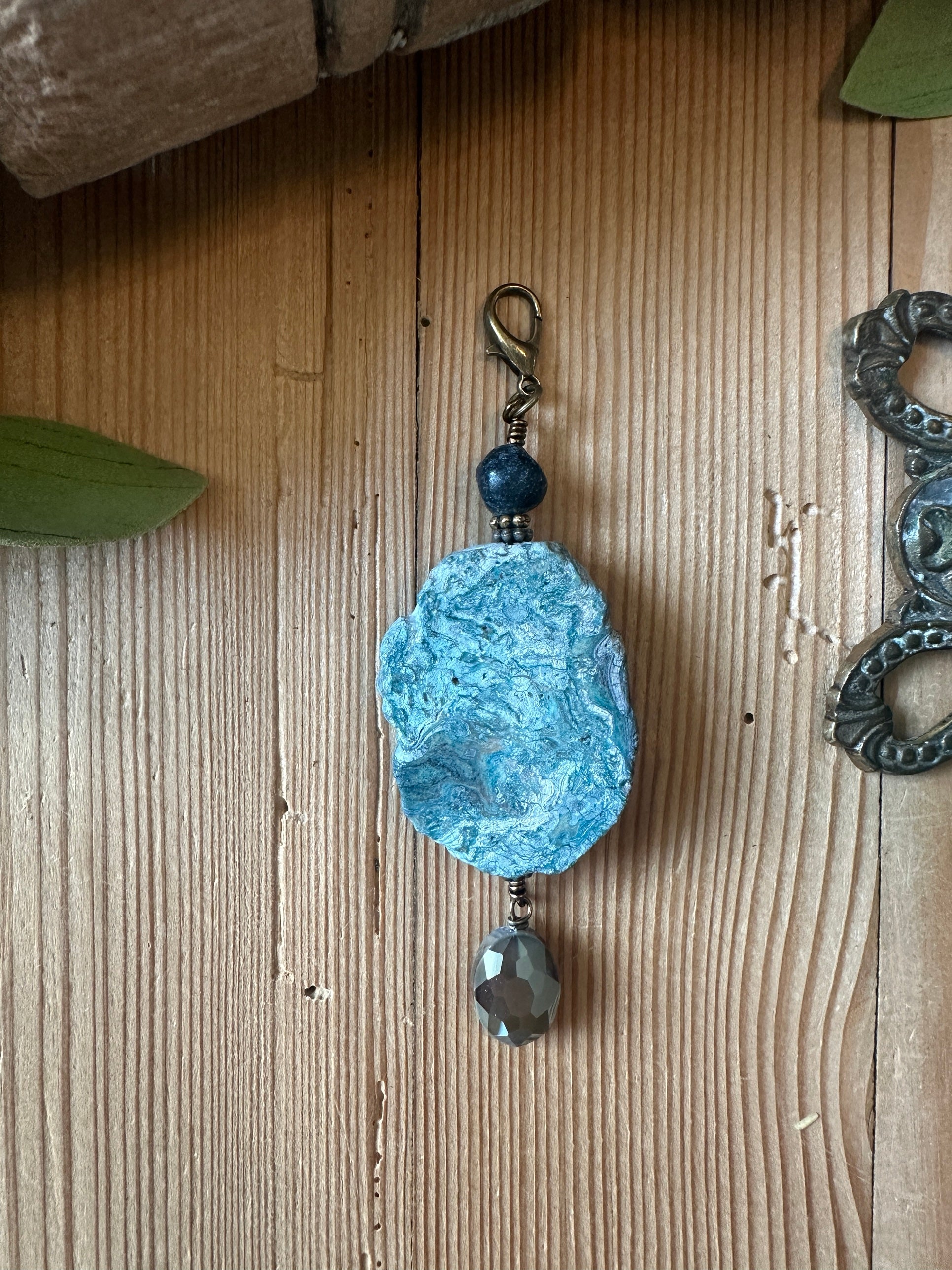 Natural blue stone pendant charm with lobster clip