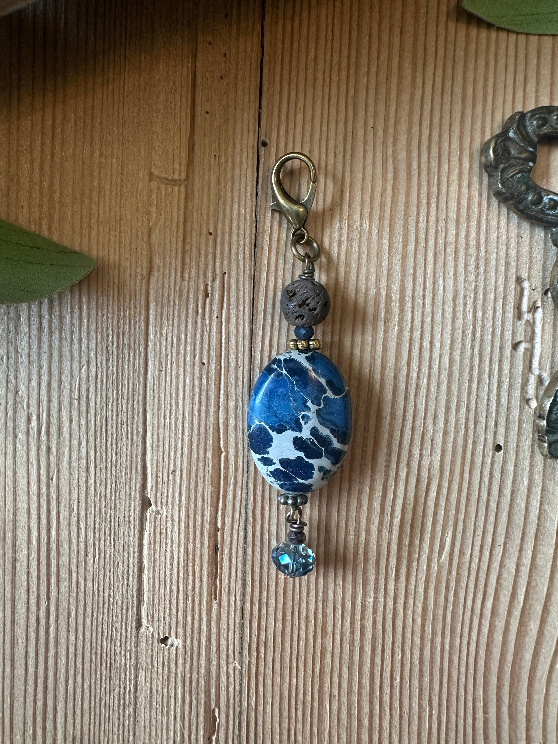 Marbled blue stone pendant charm with lava bead and crystal drop