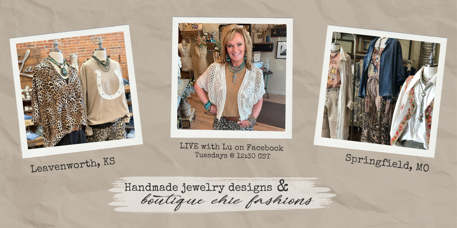 Promotional graphic for a Facebook live event featuring handmade jewelry and boutique clothing in Leavenworth, KS, and Springfield, MO and online shopping