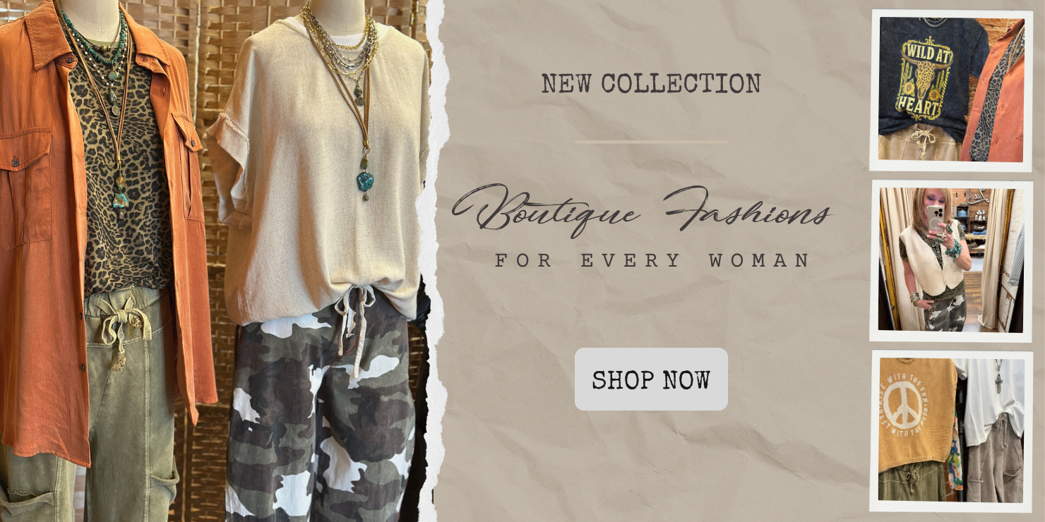 Boutique clothing and handmade jewelry with 'New Collection' text and 'Shop Now' button at boutique by Lu