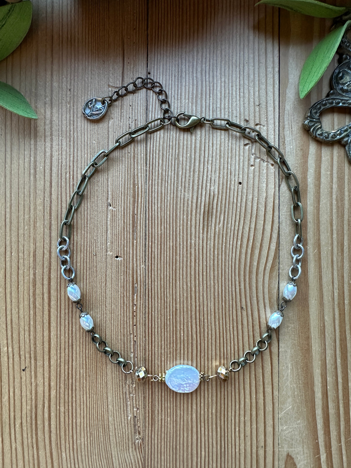 Gypsy Pearl Drift Necklace - mixed metal chain with coin pearl and crystal centerpiece